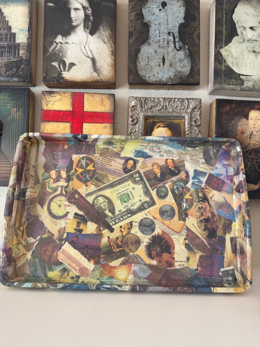 Vintage Americana Decoupage Tray Folk Art Collage‎ 2004